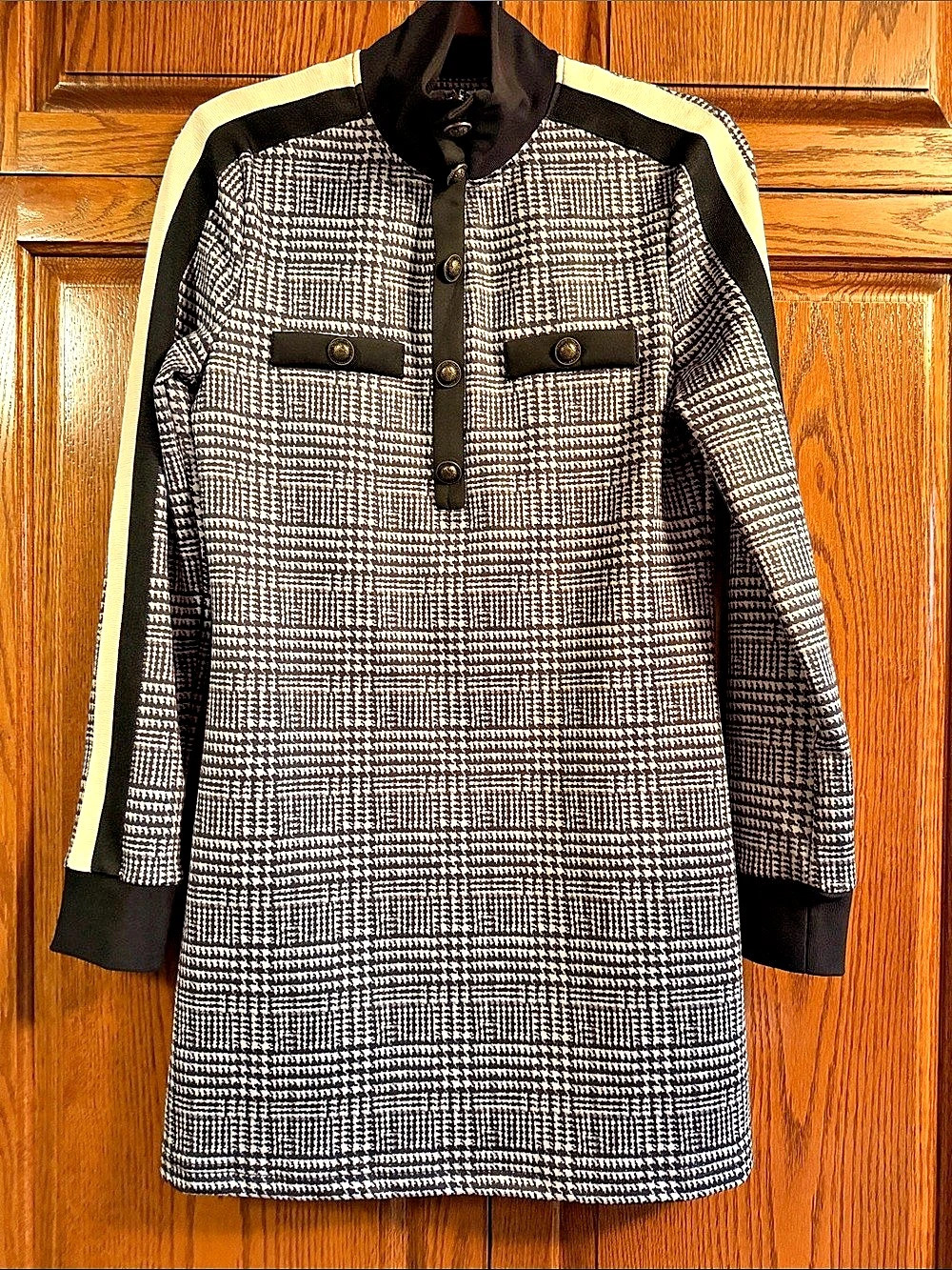 PAM & GELA Glen Tart Track Dress Houndstooth Black & White Medium